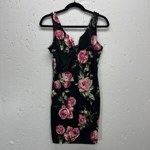 Haute Monde Womens Large Floral Black‎ Rose Body Con Dress Sleeveless